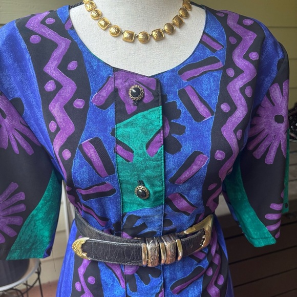 VTG Josephine Purple and Green Patterned Mini Tunic Dress. Size M. - Picture 3 of 8